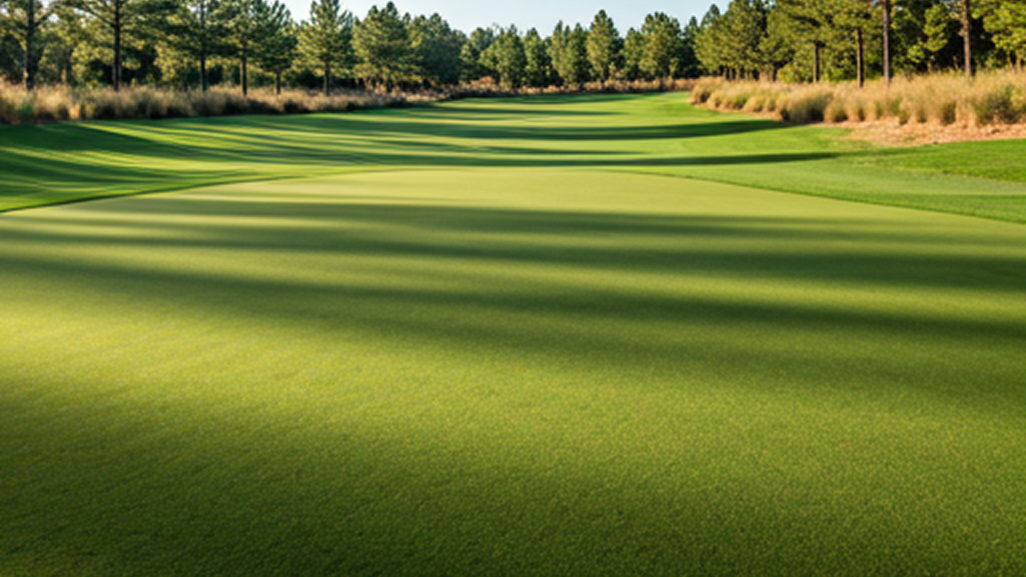 Golf course with green grass and trees under a clear blue sky
